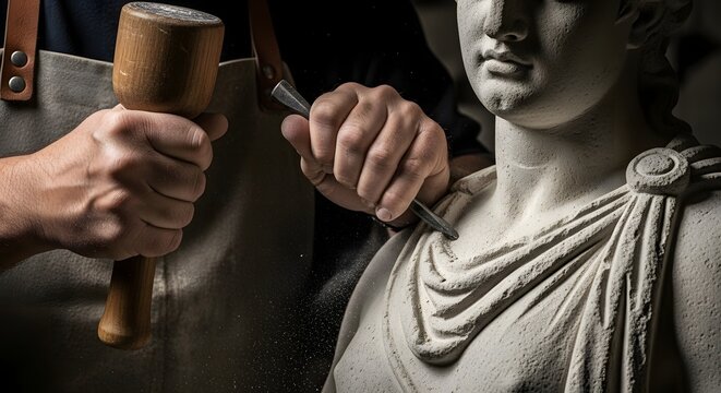 Close-up of a sculptor's hands using a wooden mallet and chisel to carve a classical marble statue.