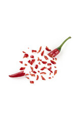 Red Hot Chili Peppers Chopped and Scattered on White Background