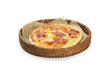 Fresh Bacon Pizza in Rustic Wicker Basket on White Background - Italian Cuisine Food Photography
