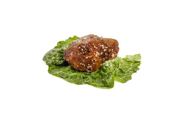 Chinese Braised Rabbit Head with Sesame Seeds on Lettuce - Traditional Shuangliu Cold Dish