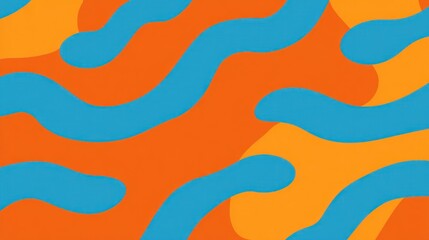 A vibrant abstract design featuring flowing blue and orange shapes against a bright background, creating a playful and dynamic visual effect.