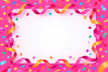 A vibrant pink background adorned with colorful confetti and curly ribbons in shades of pink, orange, and yellow. The border is playful and festive, with a white center space.