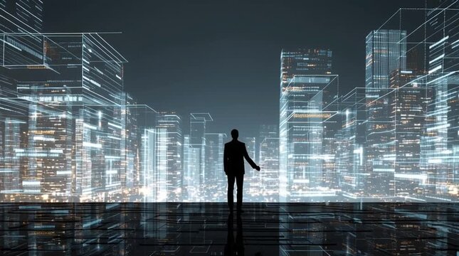 Visionary Silhouette: A solitary figure, a beacon of human potential, stands as a symbol of aspiration amidst a dynamic cityscape of interwoven innovation.