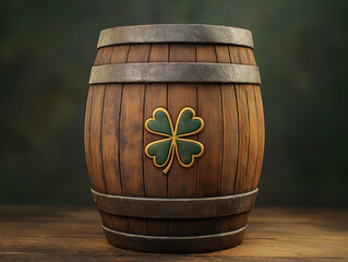 Carved Golden Shamrock Emblem on a Rustic Wooden Barrel