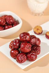 Red Xinjiang Jujube Dates in White Bowls - Dried Chinese Winter Fruit Collection