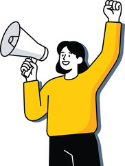 A confident cartoon woman in a yellow sweater holds a megaphone raising her fist in a powerful protest pose.