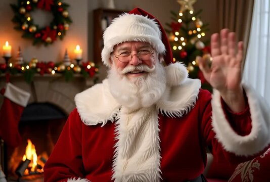 Jolly Santa Claus waving hello in a warm, festive home setting with holiday decorations, perfect for Christmas greetings and festive campaigns