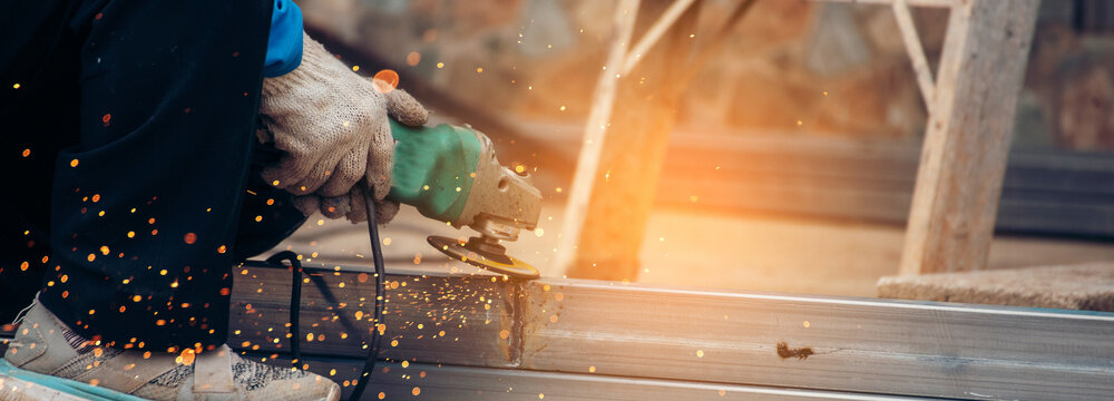 Banner Construction Worker hands using pincer pliers iron wire. Outdoor Worker using wire bending pliers. Banner Men hands bending cutting steel wire fences bar concrete worker with copy space