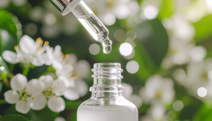 Elegant skincare serum with dropper delivering natural beauty essence against a backdrop of fresh white blossoms for vibrant wellness and youthful radiance