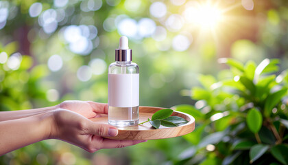 Elegant hands presenting natural skincare serum with leaf in sunlit garden, a modern wellness concept for beauty and healthy lifestyle promotion