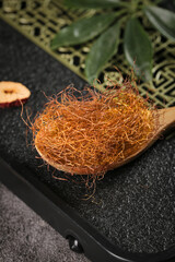 Dried Cornhusk Tea Herbal Brewing Ingredients for Natural Health Infusion in Wooden Spoon