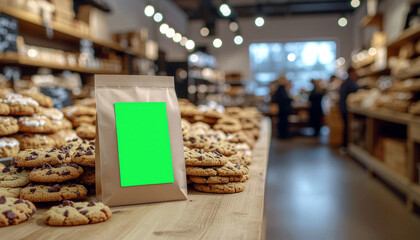 Delicious chocolate chip cookies in bakery with blank label for your brand, tempting treat for cafe menu or fresh baked goods promotion