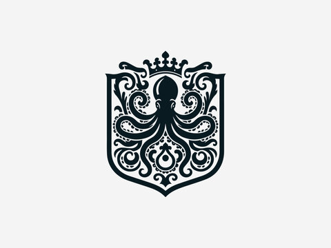 Intricate black heraldic octopus vector logo with detailed tentacles and emblem frame for powerful brand identity