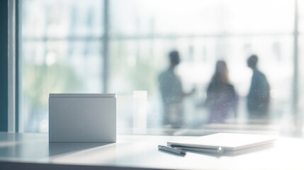 A minimalist workspace scene featuring a white box and stationery, with silhouettes of people conversing in the background.