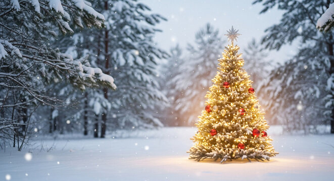 Christmas tree glows in a snowy forest adorned with lights and ornaments creating a festive winter scene