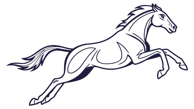 Illustration of a horse in mid leap with a flowing mane and tail in a simple black and white design