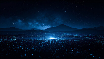 Fototapeta premium 星空と山並みのシルエットが幻想的な夜景グリッター背景