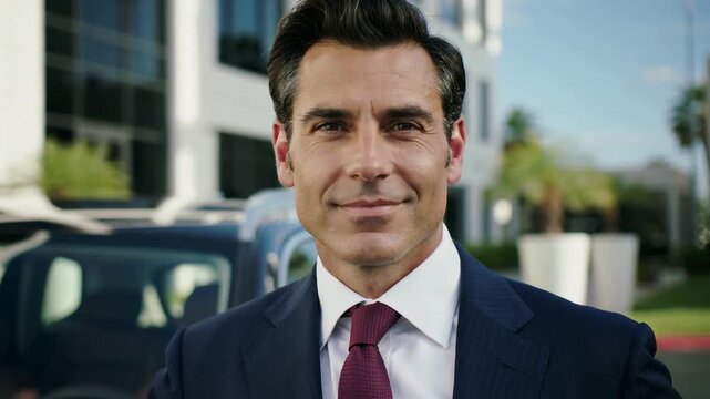 Man in suit holding car keys while standing beside luxury vehicle in front of modern building
