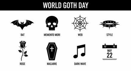 Black and white graphic icons representing World Goth Day on May 22