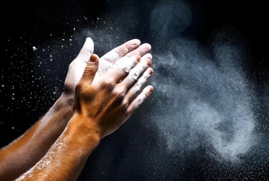 Powerful athlete clapping hands with chalk dust explosion on black backdrop ready for workout or competition, strength and determination video