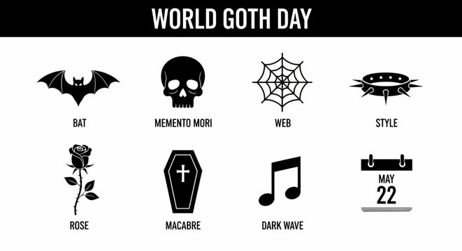 Black and white graphic icons representing World Goth Day on May 22