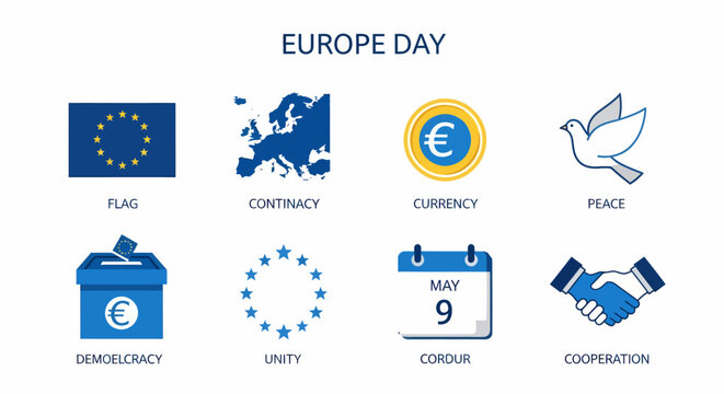 Eight blue and white icons representing Europe Day concepts Flag map currency peace vote stars date handshake