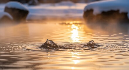 Winter Open-Air Hot Spring at Dusk with Soft Light and Copy Space Background