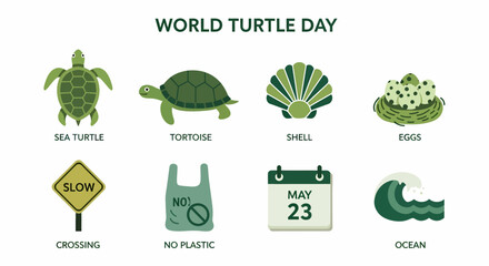 Eight green icons related to World Turtle Day including turtles eggs and environmental warnings