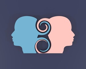 Silhouettes of a man heads. Friendship, business and sexual relationships. Digital, interactive and global communication concept. Equality and multicultural society. 3D render