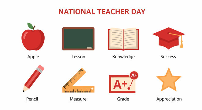 Eight icons related to teaching titled NATIONAL TEACHER DAY - Powered by Adobe