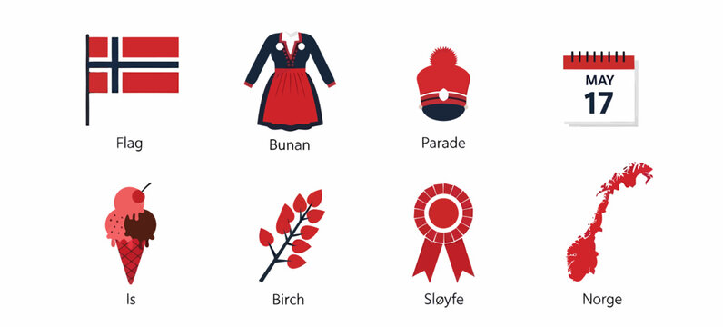 Eight icons related to Norways Constitution Day May 17th