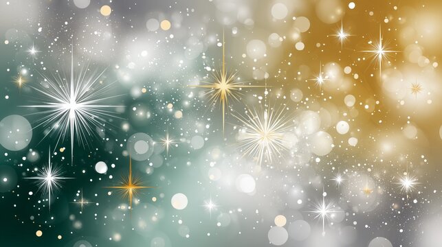 Elegant festive starry bokeh background in green white silver gold tones - Powered by Adobe