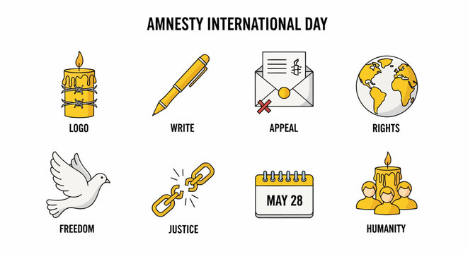 Eight icons representing Amnesty International Day elements including symbols and dates