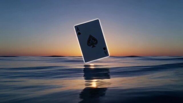 Mystical ace of spades levitating above ocean during sunset, evoking magic and fortune, high