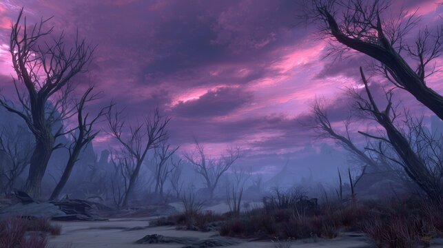 Dark underworld landscape with barren terrain and eerie purple sky