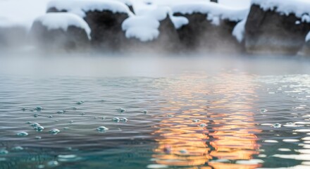 Winter Open-Air Hot Spring at Dusk with Soft Light and Copy Space Background