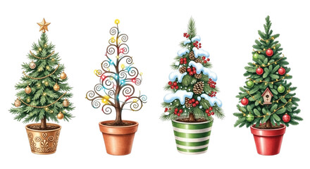 Potted Fancy Christmas Tree Set with Ornaments, Lights, Snow and Holiday Decorations – Watercolor Illustration