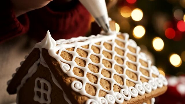 Decorating a gingerbread house with icing at home