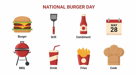 Graphic featuring burgerrelated items for National Burger Day May 28