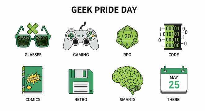 Geek Pride Day graphic featuring eight icons glasses gamepad die binary code book floppy disk brain and calendar