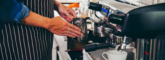 Banner coffee cup shot on wood table with copy space at retro coffee shop. Vintage hot black coffee fresh drinking espresso caffeine shot in morning.