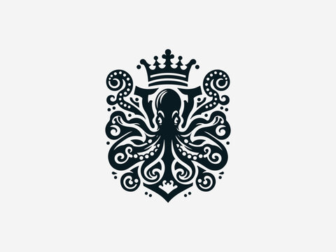 Intricate black heraldic octopus vector logo with detailed tentacles and emblem frame for powerful brand identity