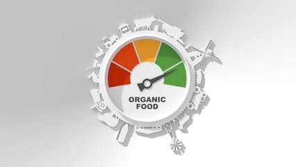 Agricultural icons located around the circle. Measuring device with arrow and scale. Organic eco products concept. 3D render