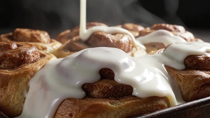 Pouring sweet cream cheese icing over warm cinnamon rolls. - Powered by Adobe