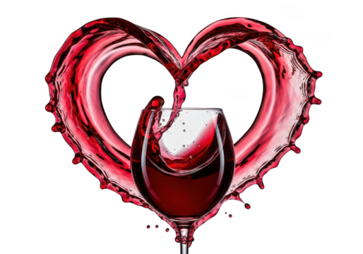 Heart shaped red wine splash being poured into a glass isolated on transparent background. Romantic drink around the glass
