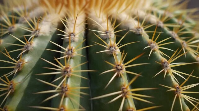 A close-up detailed view of a green cactus with sharp yellow spines.