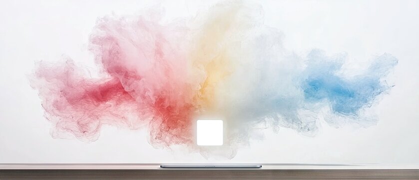A vibrant cloud of colorful smoke, transitioning from red to yellow to blue, billows out from a bright white square light source. The scene is set against a whi
