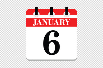 6 January Calendar icon vector, 6 dates of January month calendar icon, dates of January 6 icon calendar, vector calendar icon.