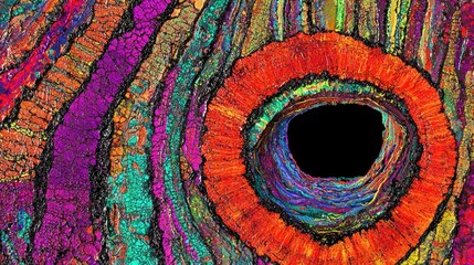 Close-up abstract view of a textured surface with concentric rings of vibrant colors like orange, red, purple, and teal, leading to a dark central void.