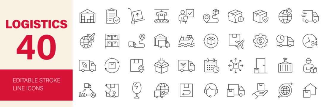 Logistics icon set. Editable line icons. Vector illustration.